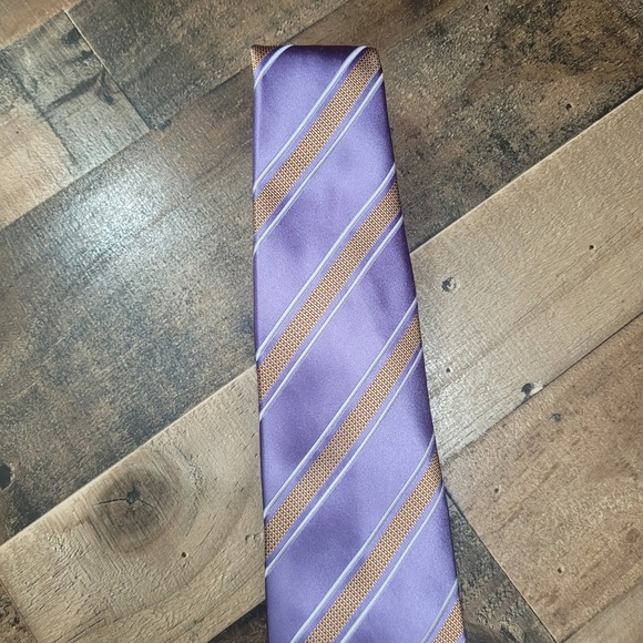Henry Jacobson Handmade Silk Blend Tie Purple Tan Striped Mens Necktie - Picture 2 of 8